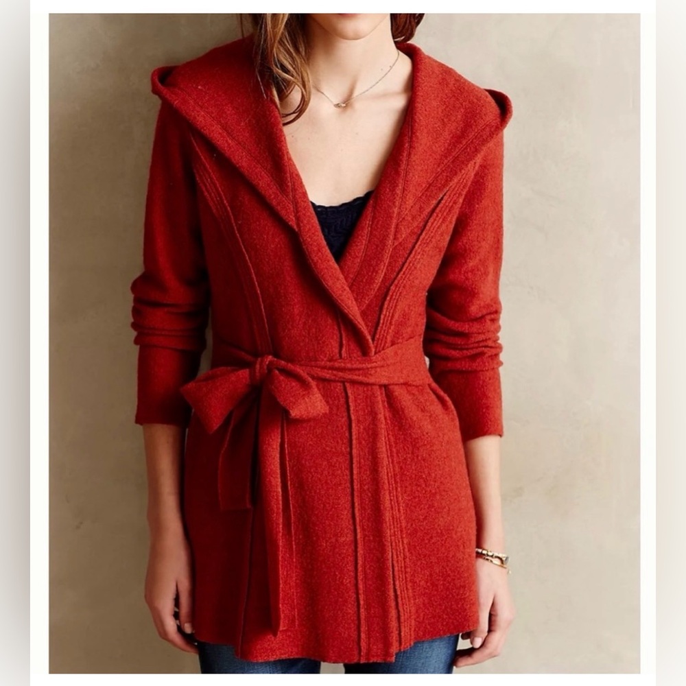 Anthropologie Rosie Neira Red Hooded Boiled Wool cardigan